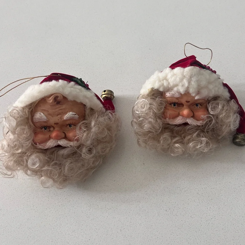 Vtg Antiqued Santa Head Christmas Ornaments‎ Hand painted Celluloid Set Of 2
